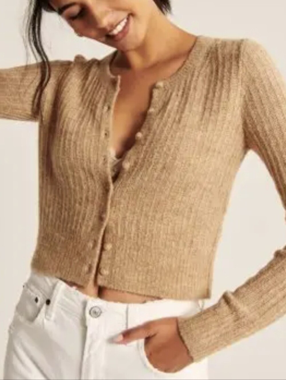 Abercrombie & Fitch Camel Ribbed Button-Front Cropped Cardigan Medium
